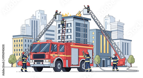 Detailed vector illustration of a fire department extinguishing a building fire with a firetruck and firefighters on ladders, set against a stylized cityscape with a bright and urgent mood