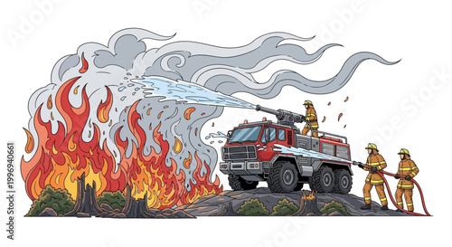 A team of firefighters in uniform is putting out a large wildfire with a fire truck on a hill, shown in a vibrant cartoon illustration against a clean white backdrop, conveying a sense