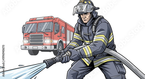 Digitally rendered illustration of a firefighter in uniform holding a hose and spraying water in front of a red fire truck against a white background, conveying a sense of emergency