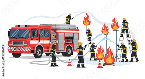 Detailed vector illustration showing a team of firefighters putting out a fire with hoses and ladders, using a fire truck as support, depicted with a dynamic composition and against a clean