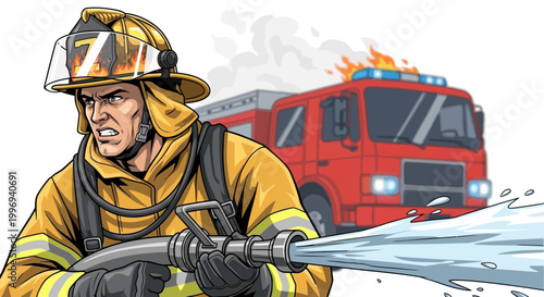Illustration of a determined firefighter wearing protective gear and holding a hose to put out a fire near a fire truck, depicted in a dynamic, comic book style against a clean white