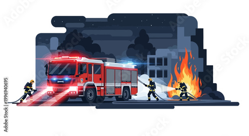 Illustrated scene of firefighters putting out a fire next to a fire truck, with the team spraying water on the flames in front of a burning building against a dark night sky