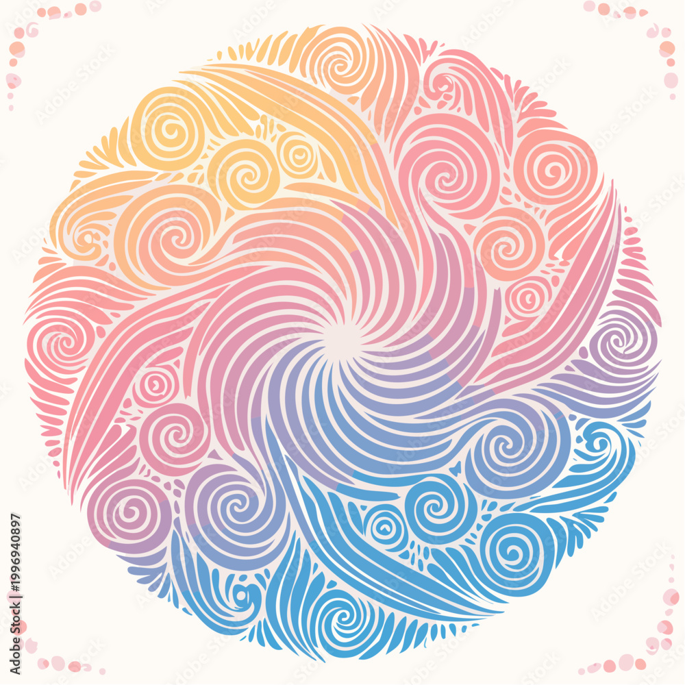 Fototapeta premium Abstract circular design with flowing wave patterns in a gradient of soft pastel colors, inspired by natural elements and batik art