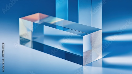 Translucent geometric shapes on blue background with soft light reflection
