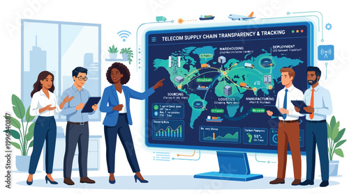 Diverse business workers collaborating on global telecommunication supply chain transparency and tracking using advanced digital technology for efficient logistics and manufacturing management