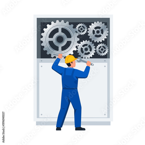 Mechanic Fixing Industrial Machine Gears, Engineering and Maintenance Concept