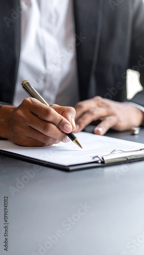 Close-up of person's hands writing on white paper clipped to a clipboard, wearing a suit jacket. A pen is in use