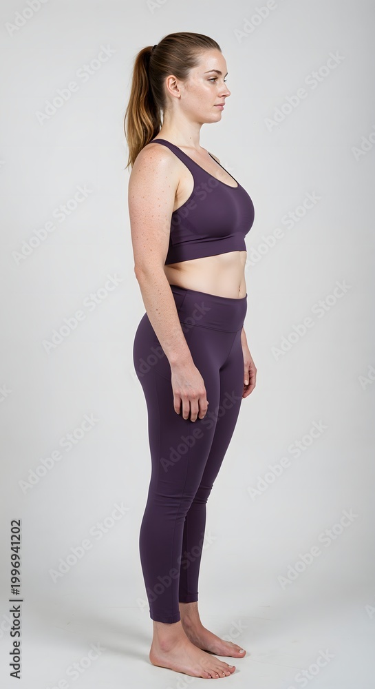 Obraz premium Full-body portrait of a confident woman in activewear showcasing her toned physique after successful breast augmentation, tummy tuck, and liposuction surgeries, isolated on a light background.