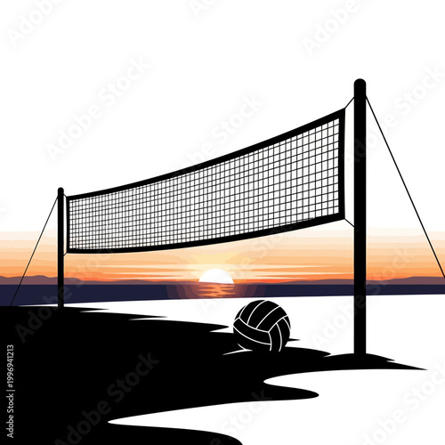 Silhouette of beach volleyball net and ball at sunset, vector illustration
