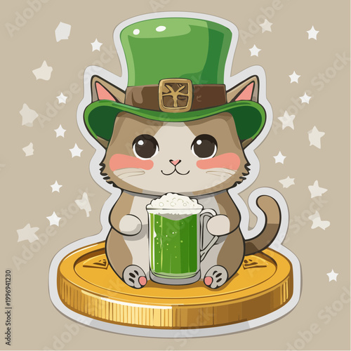 Cute Cat in Leprechaun Hat with Green Beer Mug
