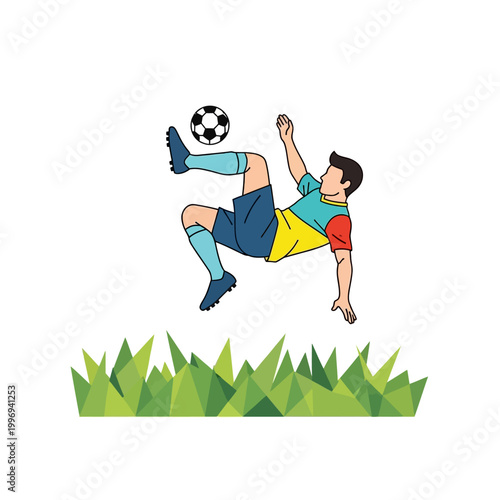 Soccer Player Performing Bicycle Kick in Mid-Air on Grass Field