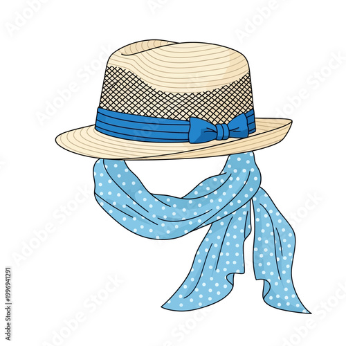 Straw Hat with Blue Ribbon and Polka Dot Scarf Illustration