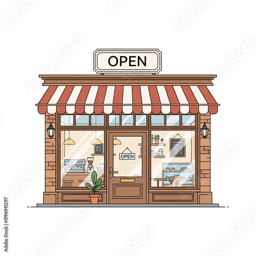 Small Cafe Shop Storefront with Open Sign Illustration