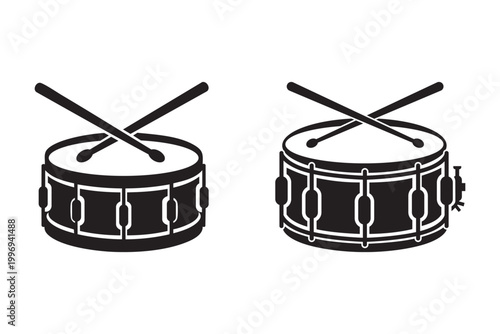 Snare Drum with Drumsticks Black and White Vector Icon, Percussion Instrument Silhouette