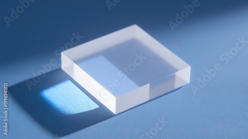 Translucent geometric object on blue surface creating soft shadows and light effects