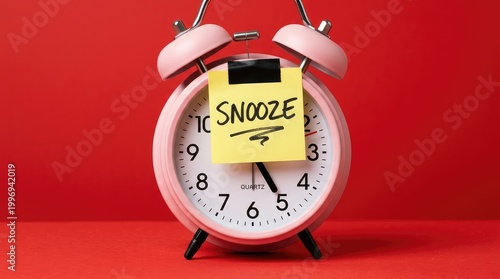 A pink alarm clock with a yellow sticky note saying snooze on a vibrant red background