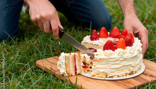 A man slices a multi-layered cream cake with strawberries in nature