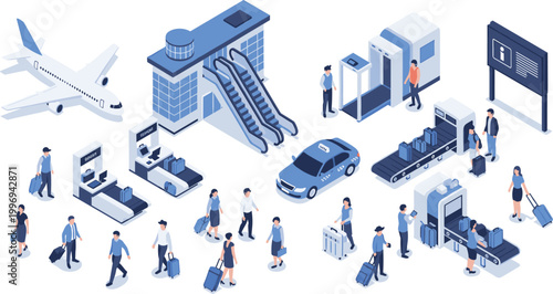 Isometric Airport Terminal Set – Travelers, Staff, Luggage & Transportation Elements