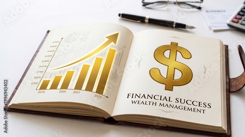 Open book with golden dollar sign and rising growth chart