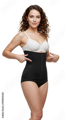 Portrait of a confident blonde woman wearing a black post-operative compression corset after breast reduction and lift surgery, isolated on a white background.