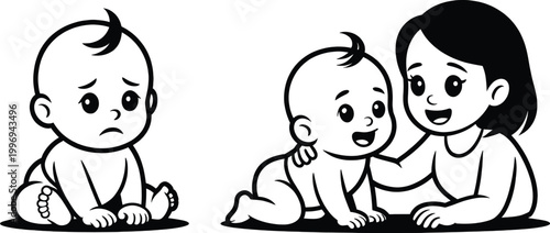 Baby sitting alone with a sad expression is contrasted by a happy infant crawling while a young girl watches and interacts with the child in this black and white illustration.