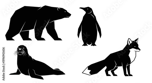 Black silhouettes of Arctic animals group.