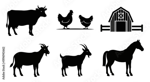 Black silhouettes of farm animals standing.