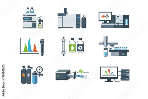 Set of flat vector icons representing chromatography laboratory instruments and processes including HPLC, gas chromatography, mass spectrometry, gas cylinders, chromatograms, and lab equipment.
