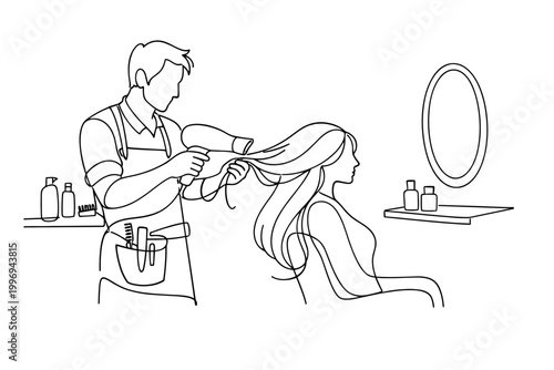 Male hairdresser styling a woman's long hair with a hairdryer in a beauty salon, continuous line drawing vector illustration, minimalist professional hair care, grooming, and salon service.