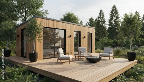 Modern Scandinavian ADU Housing Modern wooden cabin with large windows and outdoor seating area surrounded by trees on a spacious wooden deck.