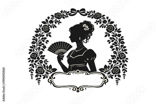 Elegant Regency Era Woman Silhouette with a Fan in a Floral Arch Frame, Vintage Victorian Style Design with Roses and Decorative Label, Classic Period Drama Inspired Vector Illustration