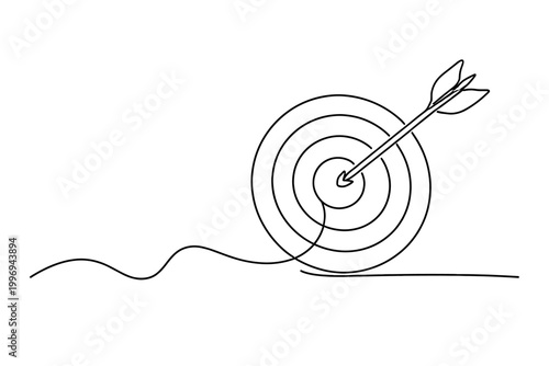 Minimalist continuous line drawing of an arrow hitting the bullseye of a target, symbolizing success, goal achievement, business strategy, precision, and focus on a clean white background.