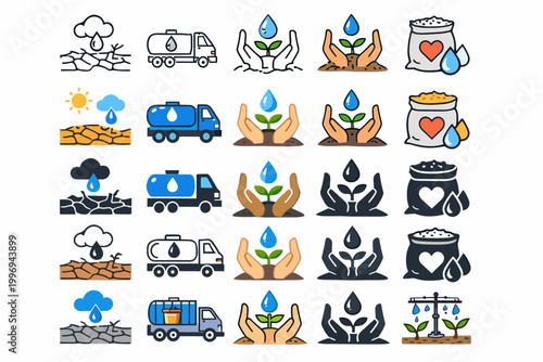 Drought Relief and Water Conservation Icon Set Featuring Tanker Trucks, Cracked Earth, Hands Protecting Sprouts, Irrigation, and Food Aid Bags for Humanitarian Aid and Environmental Awareness.