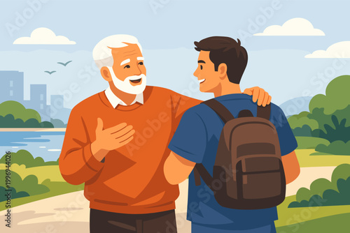 Elderly man and young man with backpack talking and walking in a park. Senior mentor or grandfather sharing wisdom with a student or grandson. Friendship and connection vector illustration.