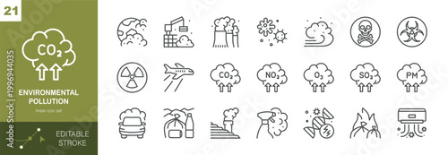 Environmental Pollution Vector Icons Set. Air Pollution, CO2 Emissions, Toxic Waste, Smog, Radiation, Industry and Climate Problem. Editable Linear Collection.