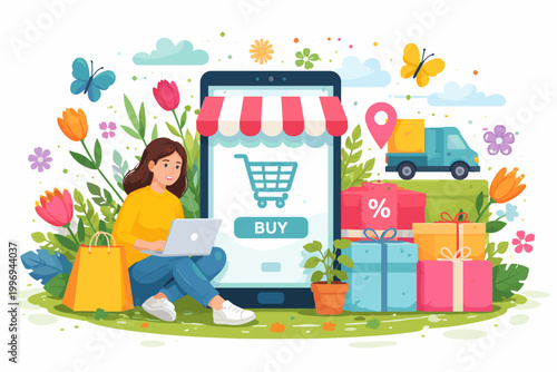 Spring Sale Online Shopping Vector Illustration with a Woman Using a Laptop next to a Large Smartphone Storefront, Delivery Truck, Colorful Gift Boxes, and Flowers for E-commerce Marketing.