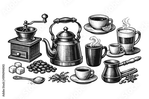 Vintage Engraving Style Coffee and Tea Collection Featuring Kettle, Manual Grinder, Roasted Beans, Sugar Cubes, Espresso Cups, Latte Mug, Turkish Cezve, and Spices for Cafe Menu Design