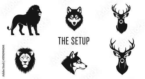 Black silhouettes of various animal heads.