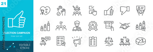 Election Campaign Vector Icons Set. Voting, Polls, Candidate, Debate, Ballot, Public Opinion, Political Strategy and Democracy. Editable Linear Pack.