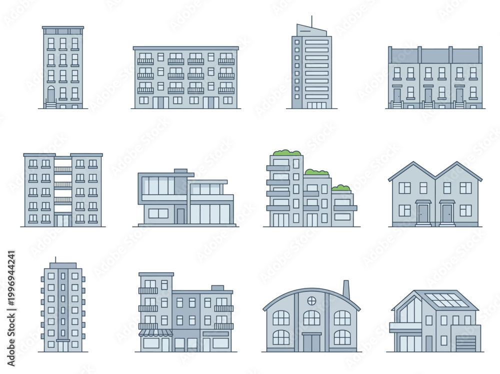 Fototapeta premium A collection of various building facades and house designs in a simple line style