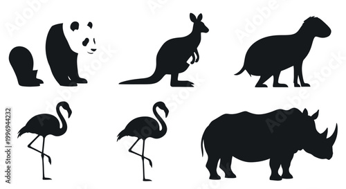 Black silhouettes of various wild animals.