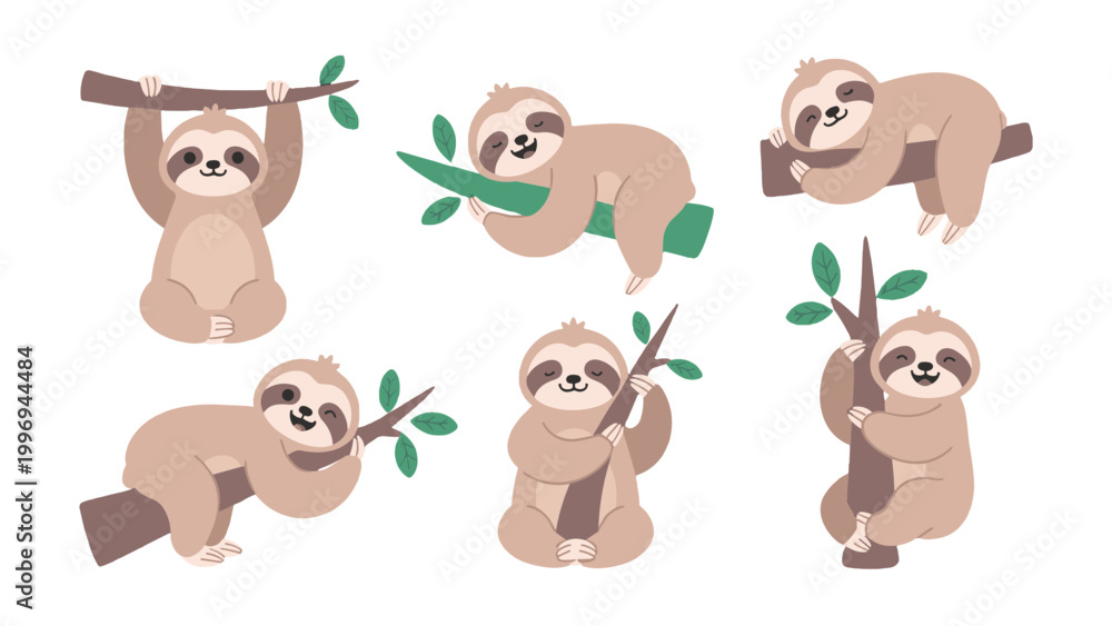 Fototapeta premium Cute Cartoon Sloth Character Set in Relaxing Poses