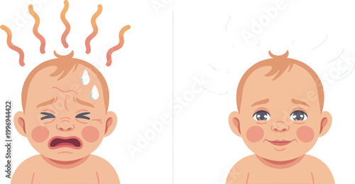 Infant health comparison illustration depicts a distressed baby with a fever contrasted against a calm, healthy baby to highlight pediatric wellness and recovery stages.