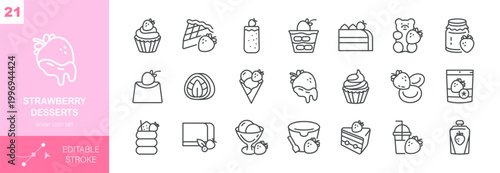 Strawberry Desserts Vector Icons Set. Sweet Bakery Treats, Cake, Cupcake, Ice Cream, Smoothie, Jam, Jelly and Fruit Pastry. Editable Linear Collection.