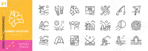 Summer Vacation Vector Icons Set. Beach Holiday, Travel, Camping, Surfing, Fishing, Outdoor Activities and Tropical Recreation. Editable Linear Pack.