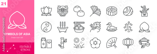 Symbols of Asia Vector Icons Set. Asian Culture, Lotus, Dragon, Yin Yang, Lantern, Fan, Tea, Bamboo and Traditional Objects. Editable Linear Collection.
