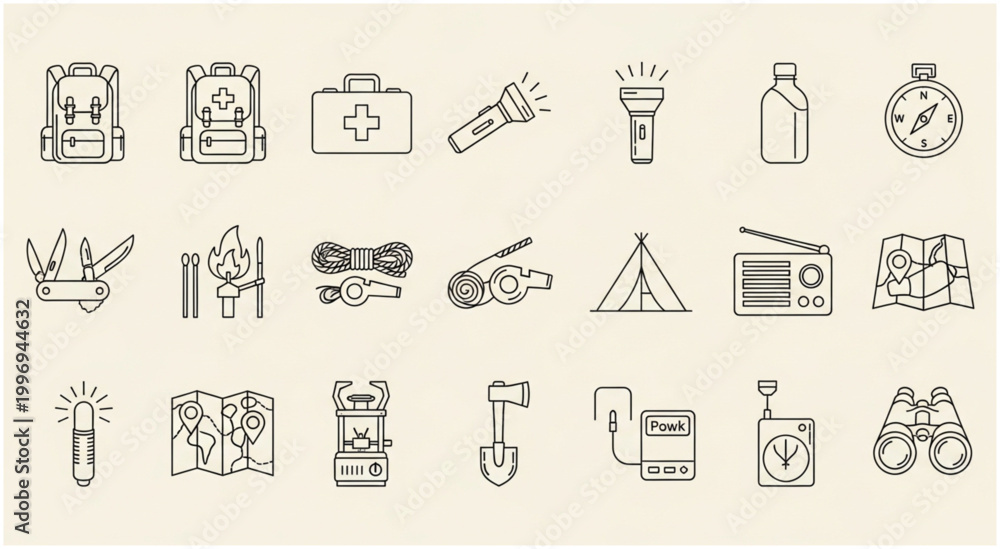 Fototapeta premium Camping and outdoor adventure equipment icons for exploration and survival.
