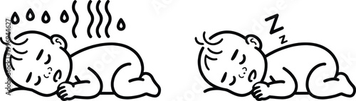 Infant sleep patterns are depicted through these two distinct illustrations showing a sweaty uncomfortable baby and a calm resting child.