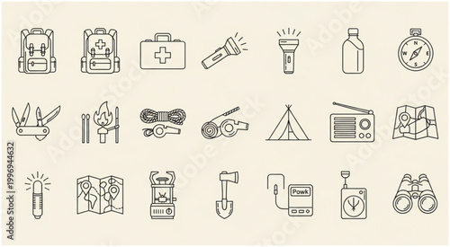 Camping and outdoor adventure equipment icons for exploration and survival.