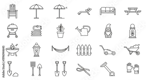 Collection of garden and outdoor elements in line art style for design.